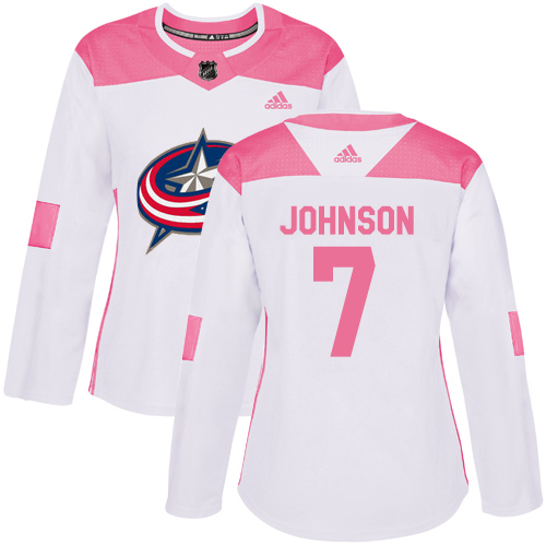 Adidas Blue Jackets #7 Jack Johnson White/Pink Authentic Fashion Women's Stitched NHL Jersey - Click Image to Close